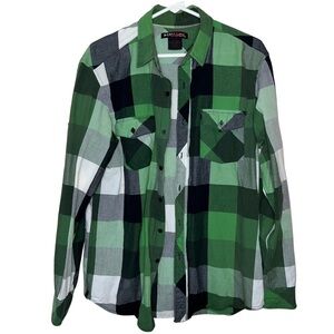 Tony Hawk Green and Black Buffalo Checked Casual Cotton Button Down Size Large